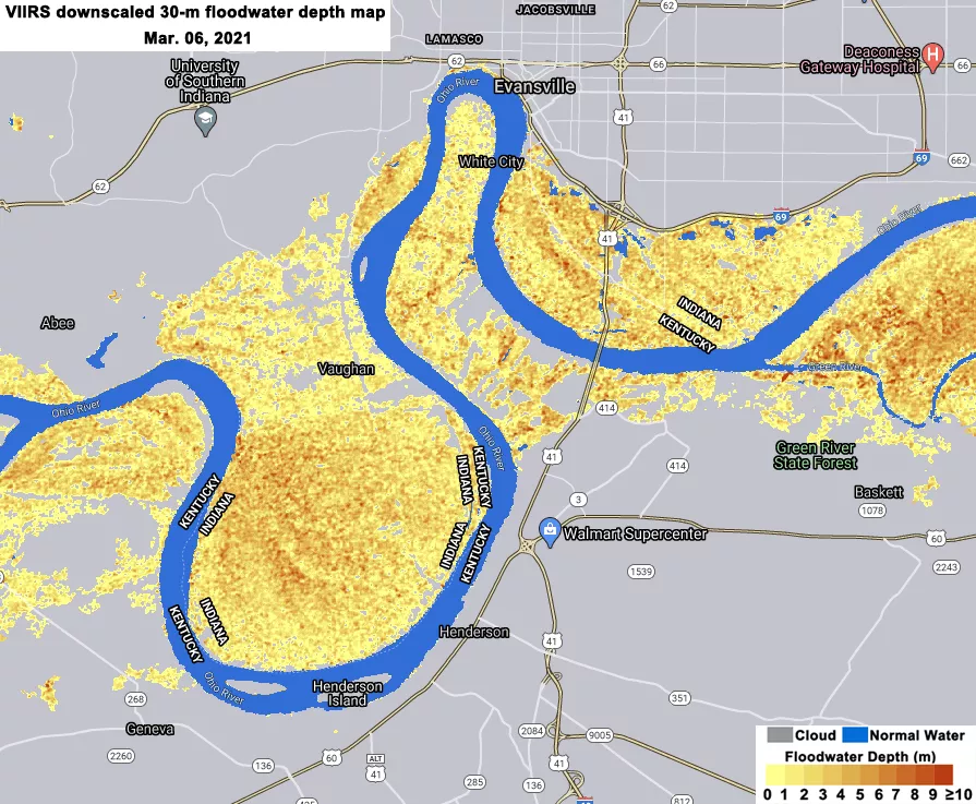 A map of Indiana and Kentucky showing flood waters along the Ohio River in shades of yellow and brown