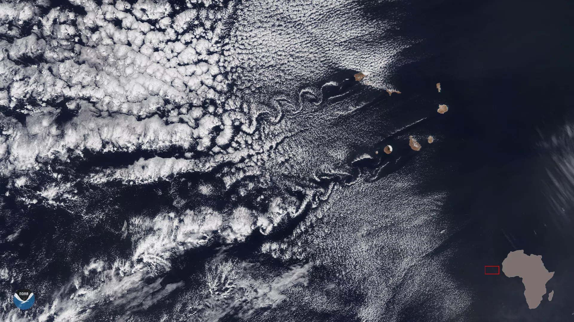 The NOAA-20 satellite, via TrueColor, captured a dual set of von Kármán vortices by the Cape Verde Islands off the coast of West Africa on Jan. 9, 2020.