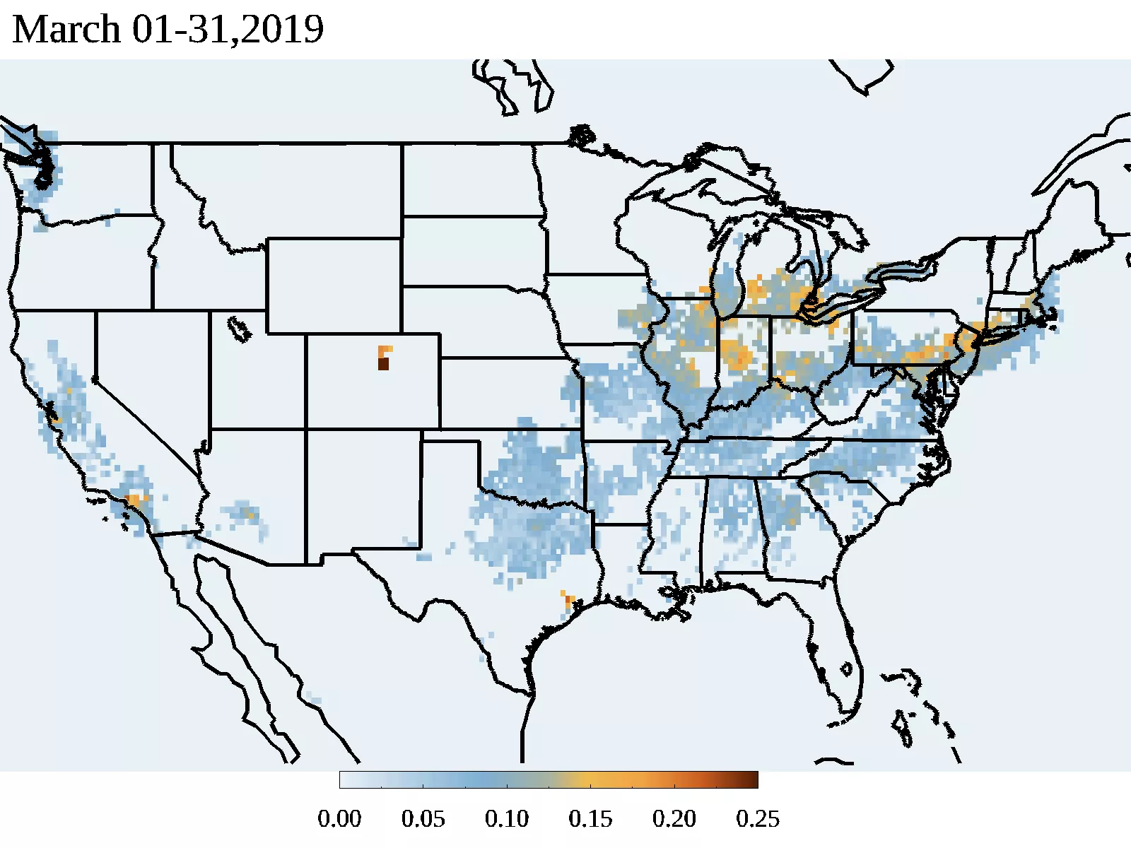 Airborne particle pollution over the US in March 2019, seen in shaes of blue to deep orange; the highest levels are over the Mid-Atlantic, the Great Lakes region, Denver, and LA