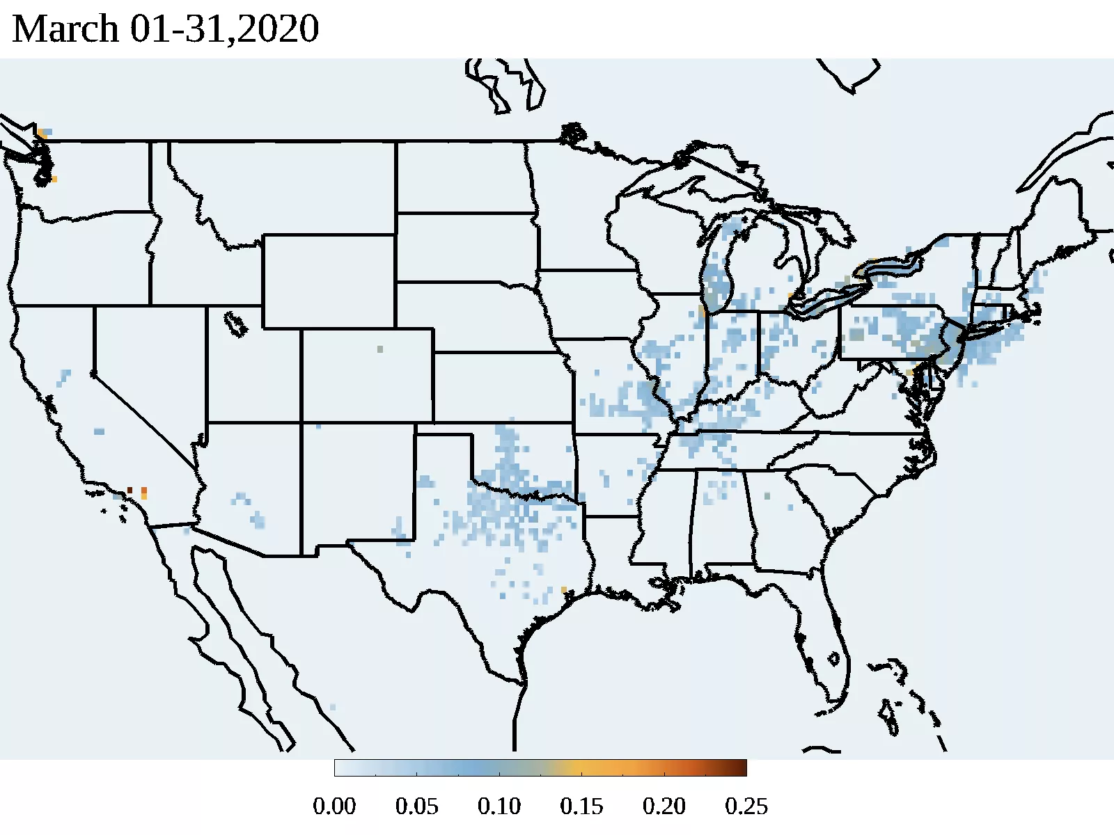 Airborne particle pollution over the US in March 2020 in shades of blue to deep orange; there is almost no orange (indicating highest concentrations) on the map at all; the blue is most prevalent over the Mid-Atlantic, the Great Lakes Region and Oklahoma/Texas
