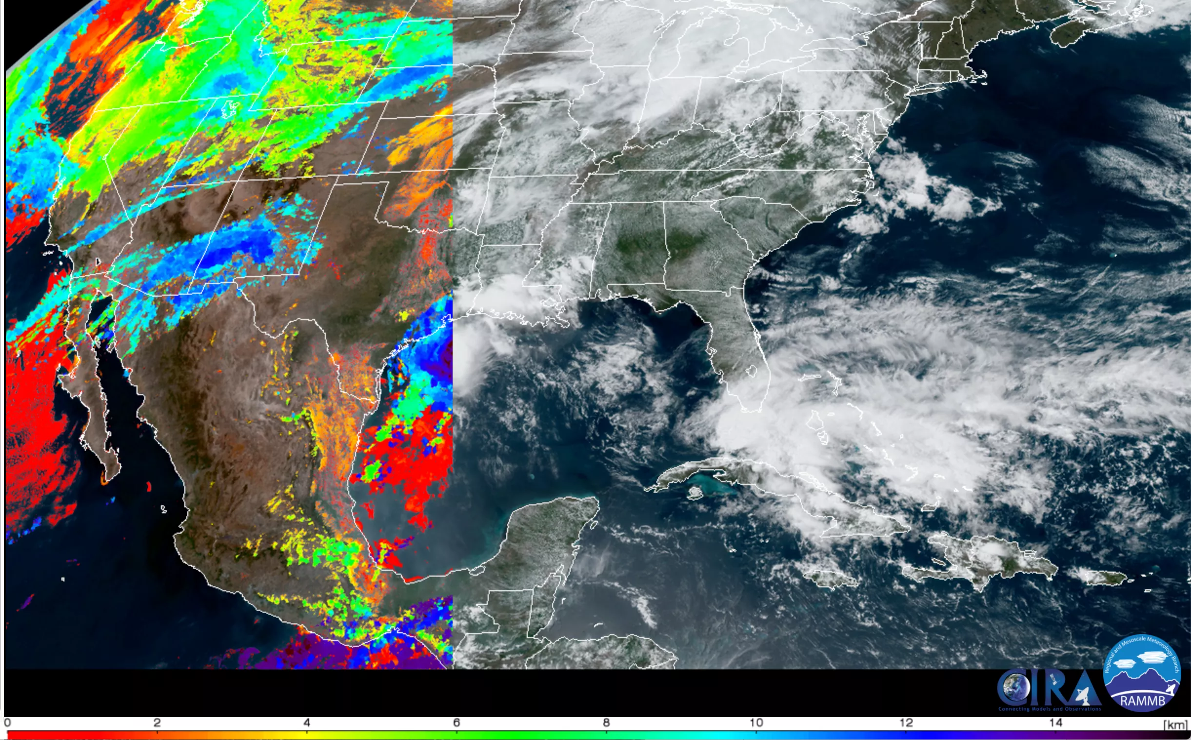 GOES-16 true color imagery over the Continental U.S. with cloud top height retrievals (in km, color key at bottom of graphic) atop GeoColor imagery.
