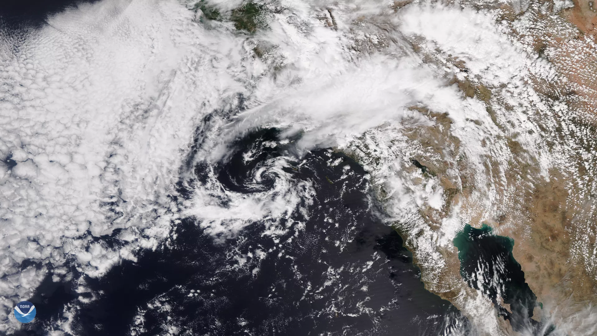 A True Color view of the cut-off low via the NOAA-20 satellite.
