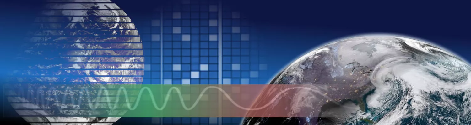 images of Earth behind colorful waves representing the electromagnetic spectrum against binary code and a blue background.