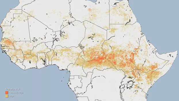 a band of high and extremely high malaria risk stretching across Sub-Saharan Africa