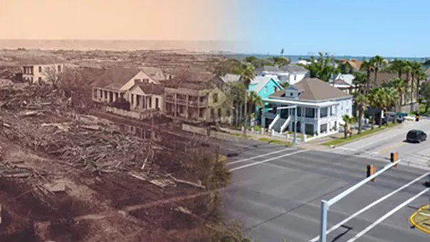 Before-and-after image of damage from the Great Galveston hurricane