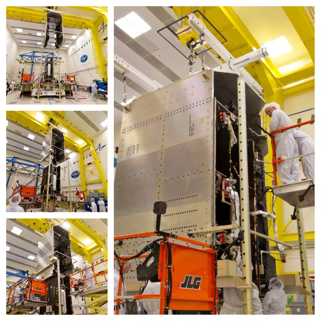 Collection of images showing the two main modules of the GOES-R spacecraft coming together. 