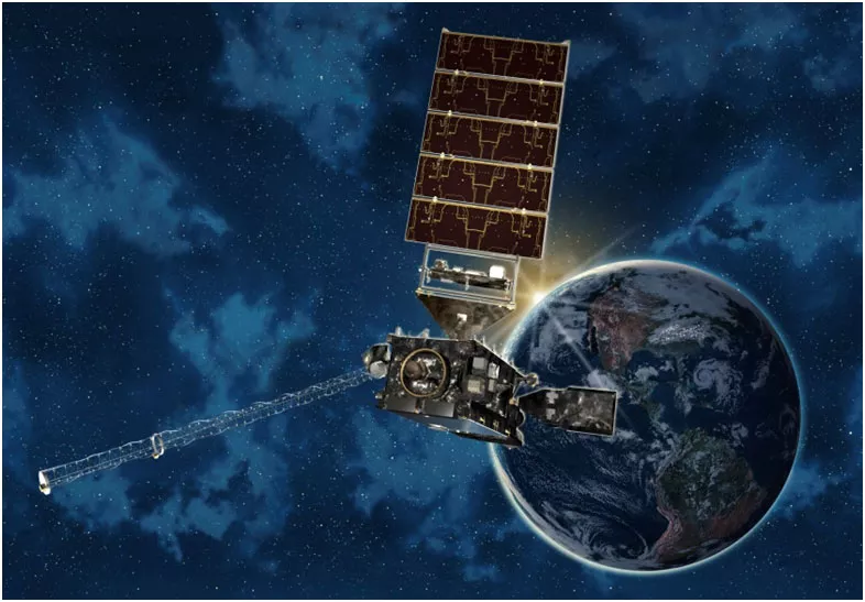 Illustration of GOES-R satellite in stationary orbit over Earth.