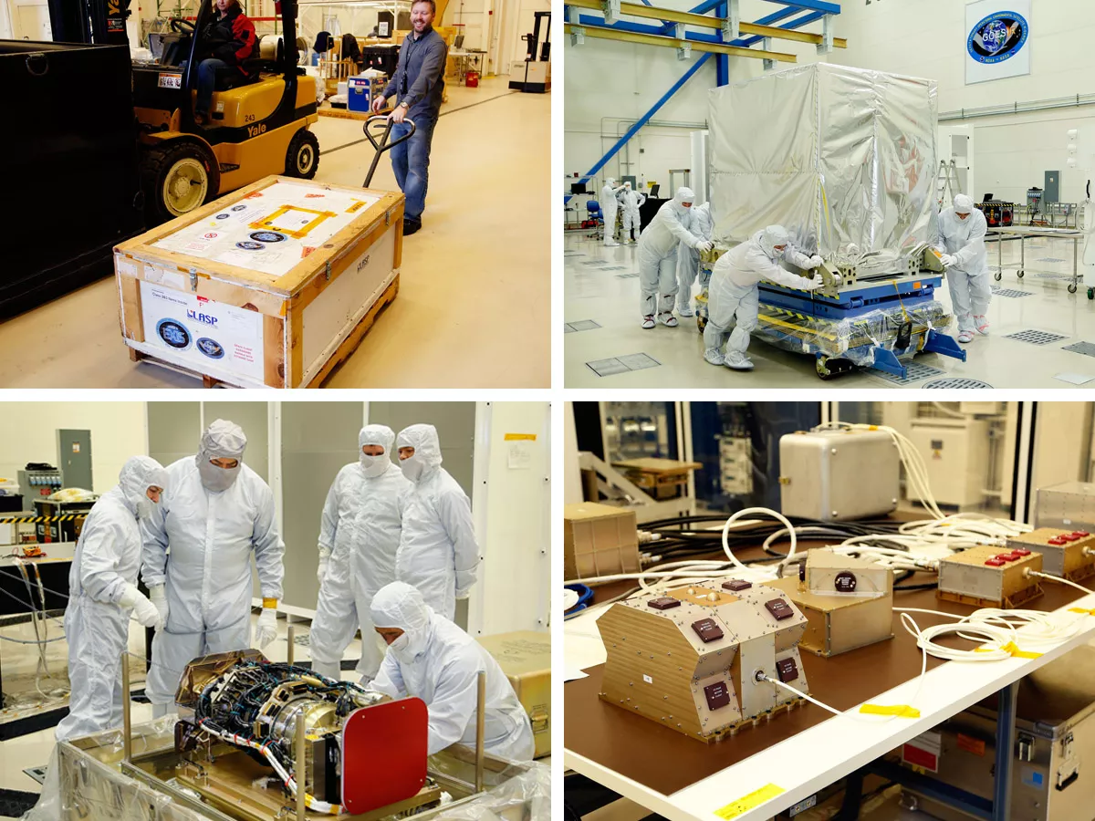Top left: The EXIS instrument, residing in its shipping container, is wheeled into a clean room. Top right; the Advanced Baseline Imager, covered in silver thermal blankets, is wheeled into a clean room. Lower left: Technicians in white clean suits examine the SUVI instrument. Lower right: The five components that make up the SEISS instrument lying on a table. 