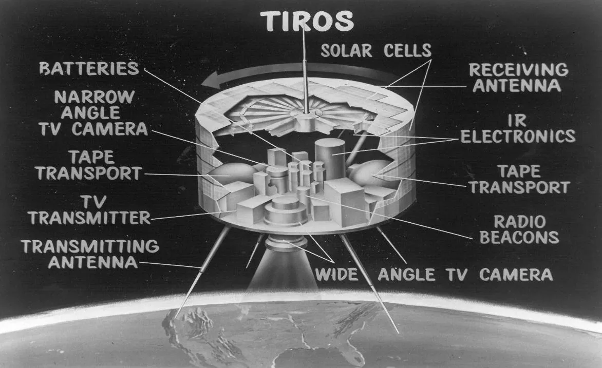 An artist rendering of the instruments aboard the TIROS-1 satellite.