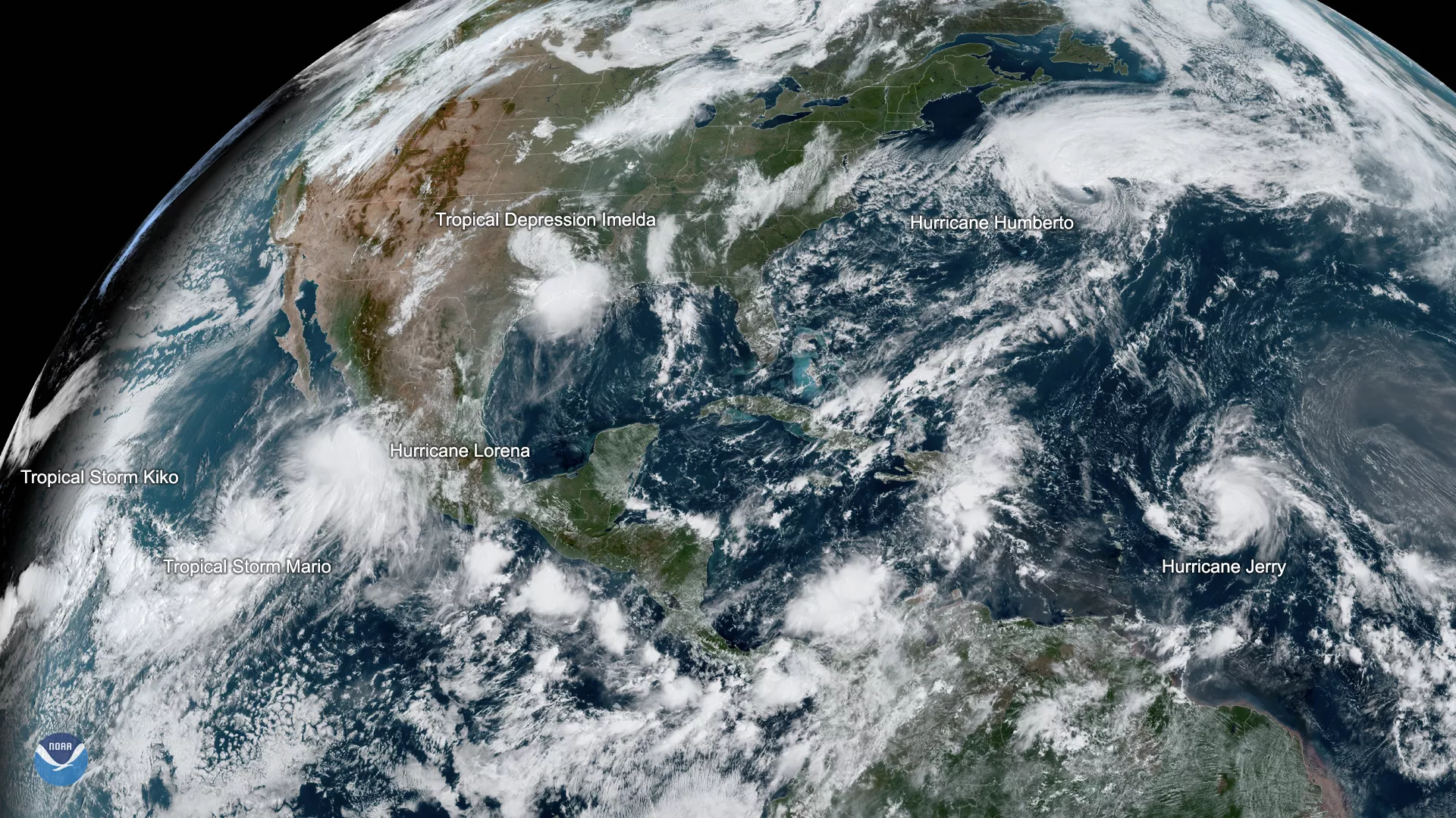 GOES East imagery shows five active named storms across the Atlantic and Eastern Pacific basins. 