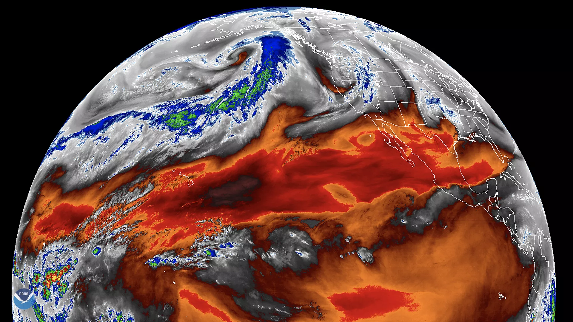 The GOES West satellite GeoColor imagery of an atmospheric river flowing across the northern Pacific Ocean to the Gulf of Alaska in Jan. 2020.