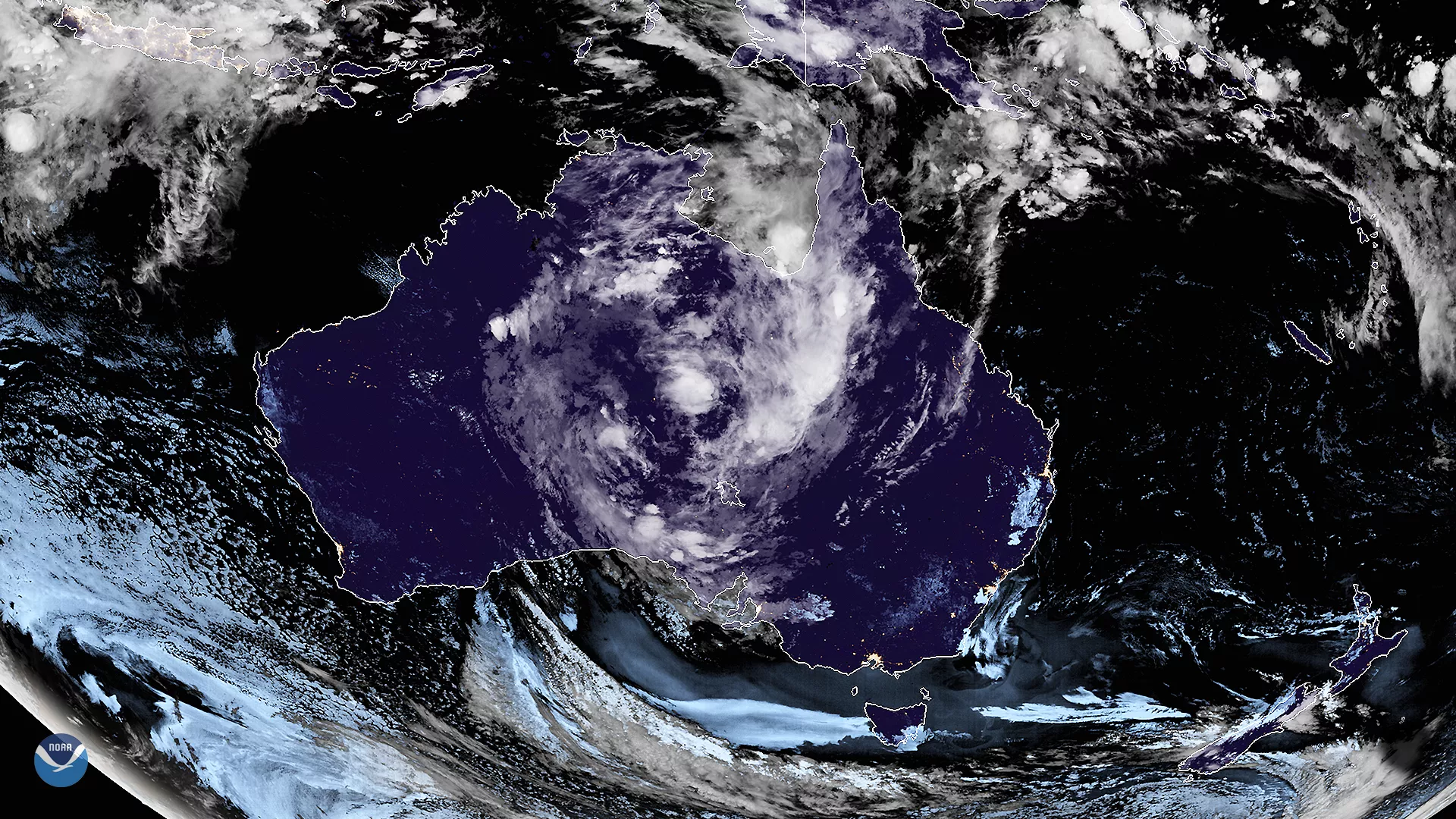 The Himawari-8 satellite, on Jan. 30, 2020, GeoColor imagery of a developing storm system in Australia.