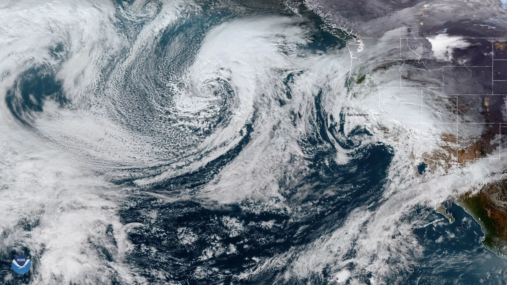 Low pressure system off of the California coast, captured with merged GOES GeoColor imagery, Dec. 2019. 