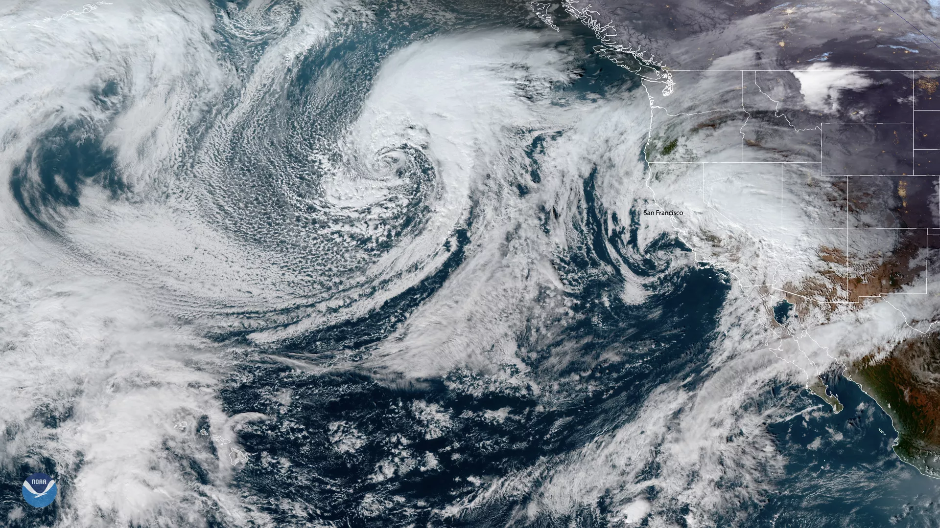 Low pressure system off of the California coast, captured with merged GOES GeoColor imagery, Dec. 2019.