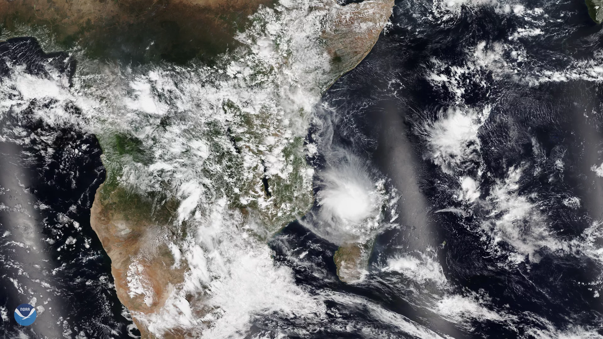 NOAA-20 True Color imagery of Tropical Cyclone Belna as it made landfall at Boeny, Madagascar on Dec. 9, 2019.