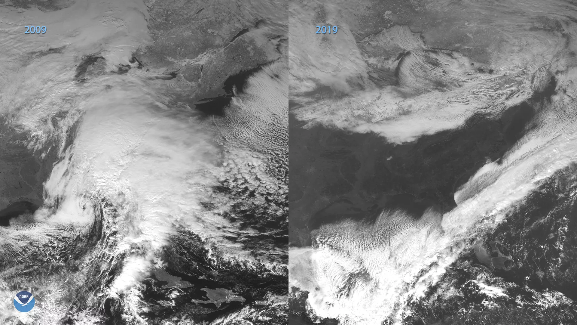 The eastern coast of North America on Dec. 18, 2019 vs. Dec.2009. The GOES-16 satellite showed a long cold front that stretched from Newfoundland to the lower southeastern U.S, contrasting 2009's GOES-12 and 2019's GOES-16.