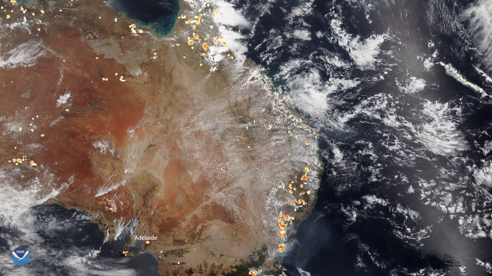 NOAA-20 imagery of Australia on Dec. 26, where historic bushfires still rage in the southeastern states and territories and are especially intense around the South Australian city of Adelaide.