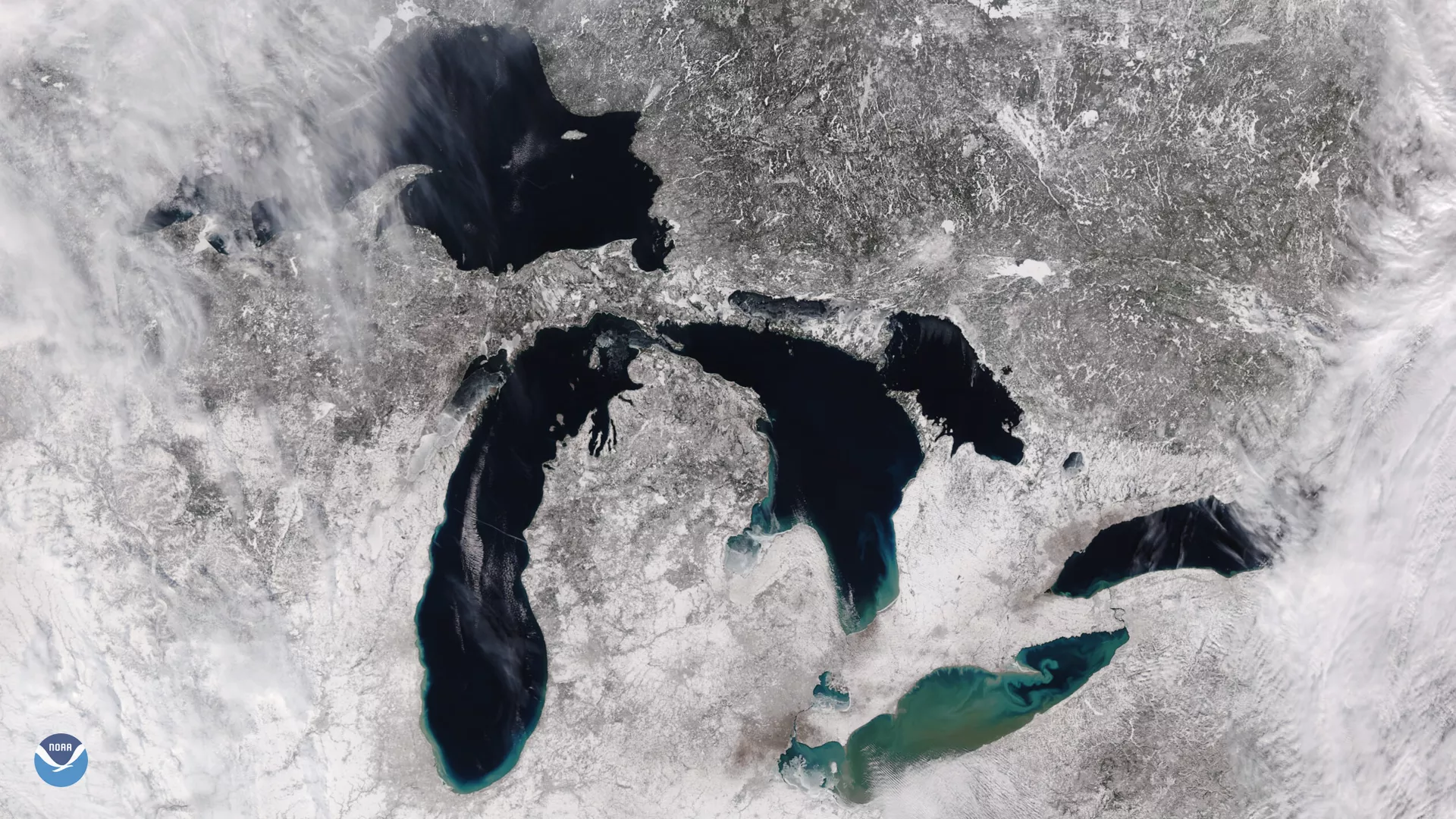 Clear skies over the Great Lakes, wintertime