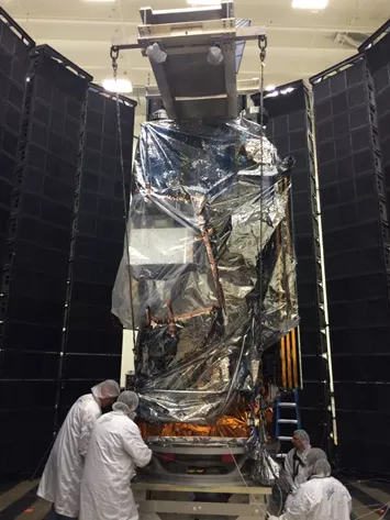 JPSS-1 gets prepared for acoustics testing at Ball Aerospace & Technologies Corporation’s Fisher Integration Center in Boulder, Colorado.