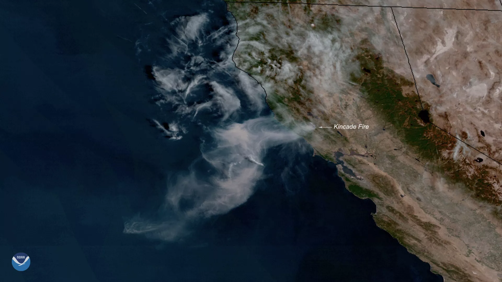 GOES West GeoColor imagery of Sonoma County, California and the Kincade Fire, Oct. 2019.