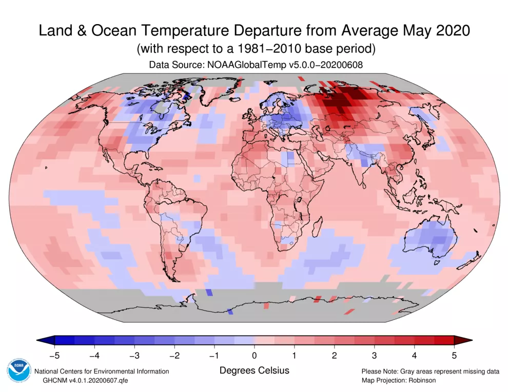 Land and Ocean Temperature Departure from Average May 2020 (with respect to a 1981-2010 base period) Data source: NOAAGlobalTemp