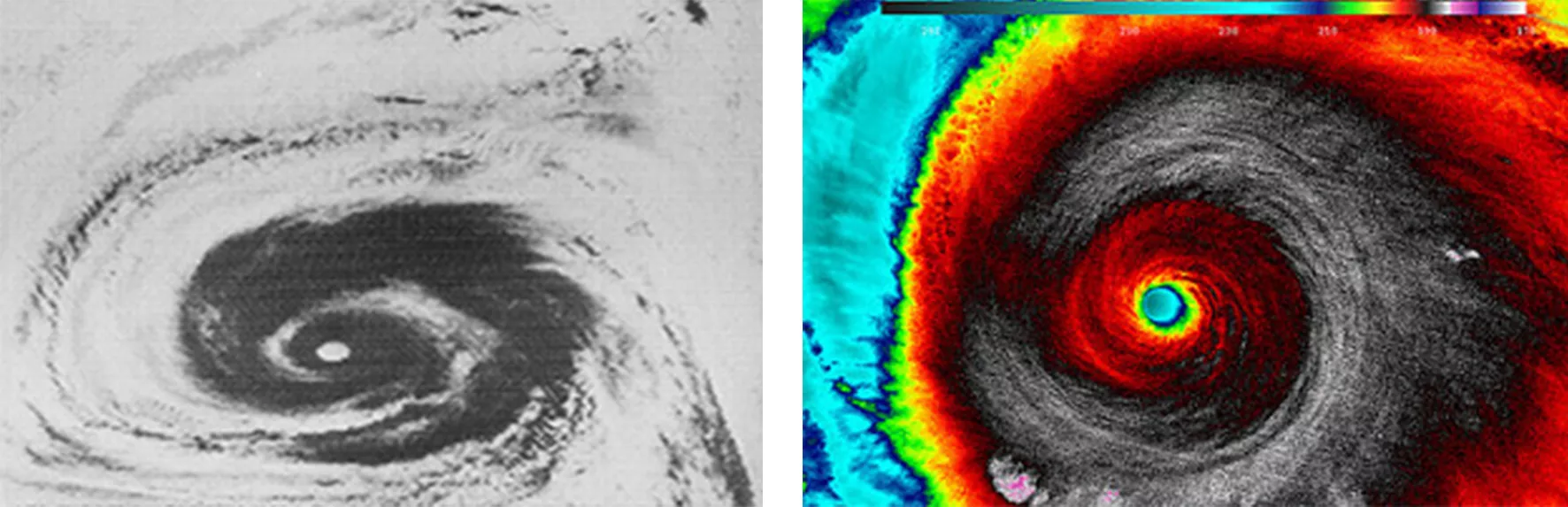 The left image is black and white imagery from the TIROS TV signal, ~1971. The right image, in full color, is from a METOP satellite's AVHRR instrument , circa 2018, with a color bar at the top.