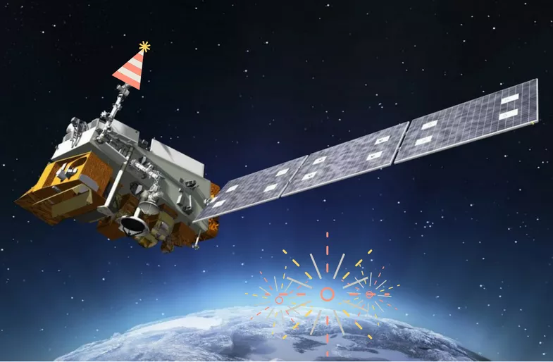 Illustration of GOES-R satellite with confetti and party hat, orbiting over Earth.