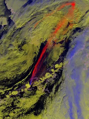 False color imagery from Suomi NPP showing the volcano's ash plume