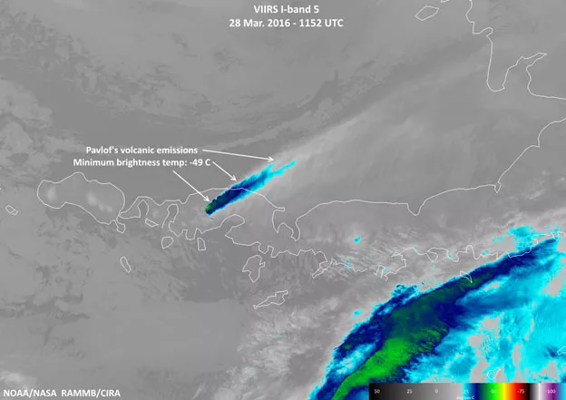 Infrared satellite imagery showing the eruption and resulting ash plume. 