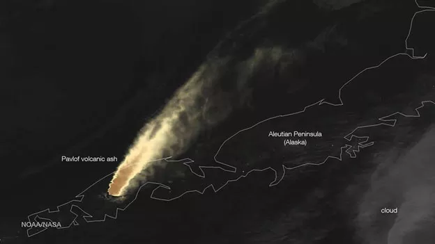 Colorized infrared imagery from the Suomi NPP satellite shows the ash cloud emanating from the volcano.