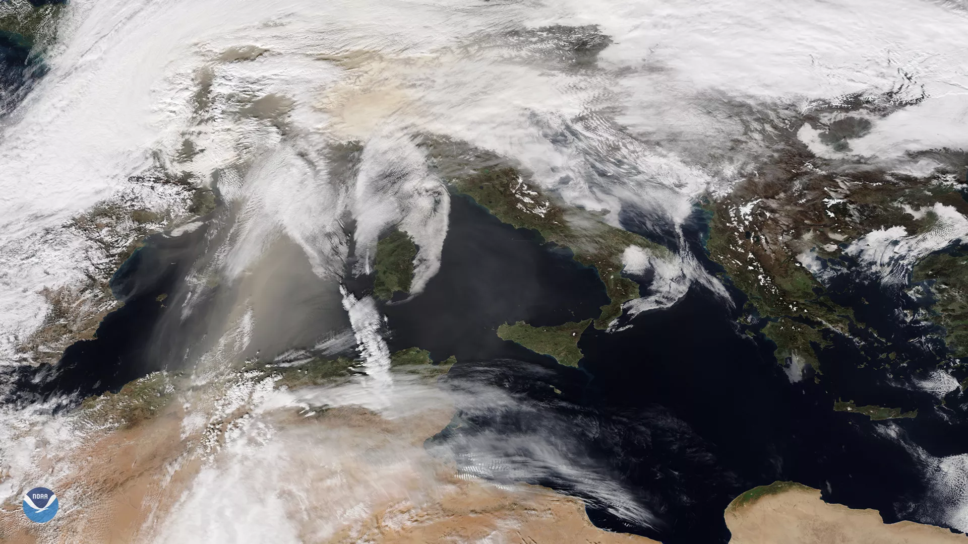 Brownish dust blowing off the coast of Northern Africa, NOAA-20.