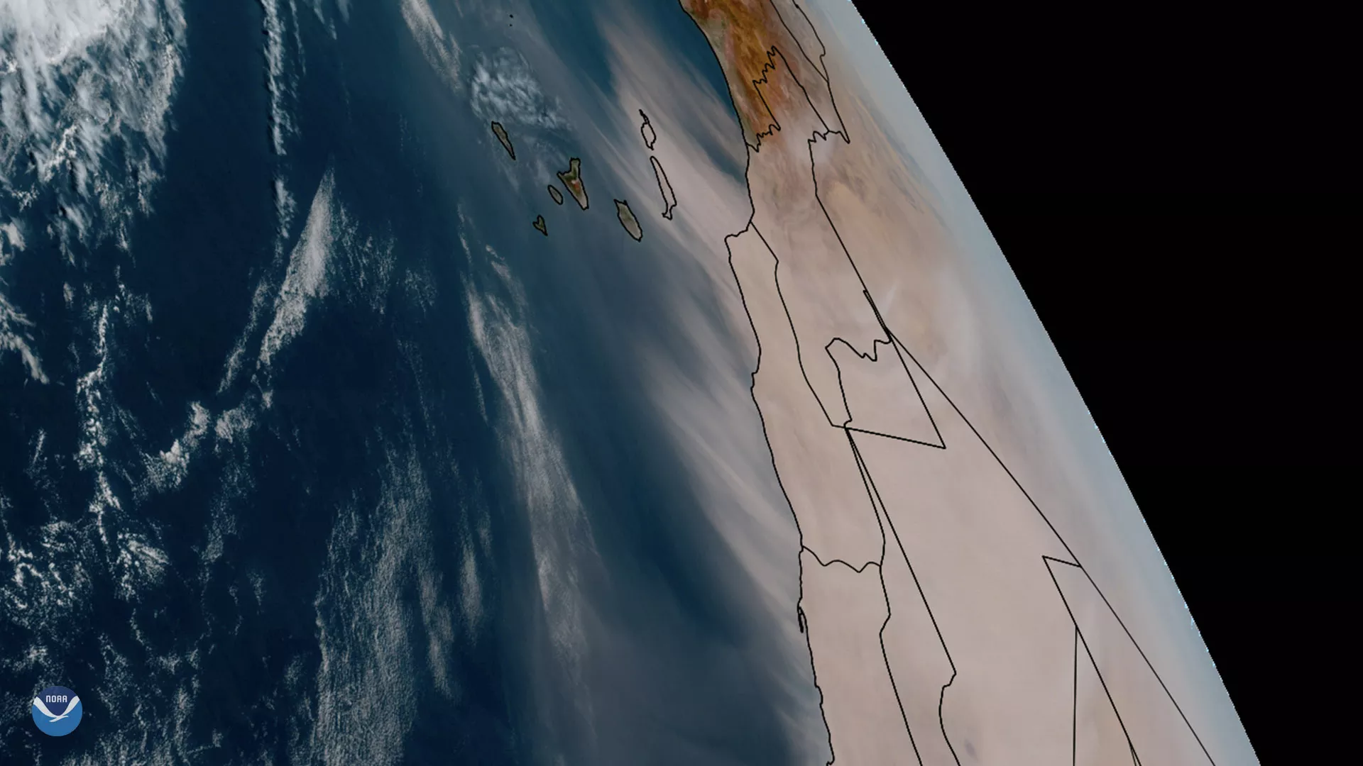 GeoColor imagery of Saharan Air Layer over Atlantic Ocean, from GOES East. 