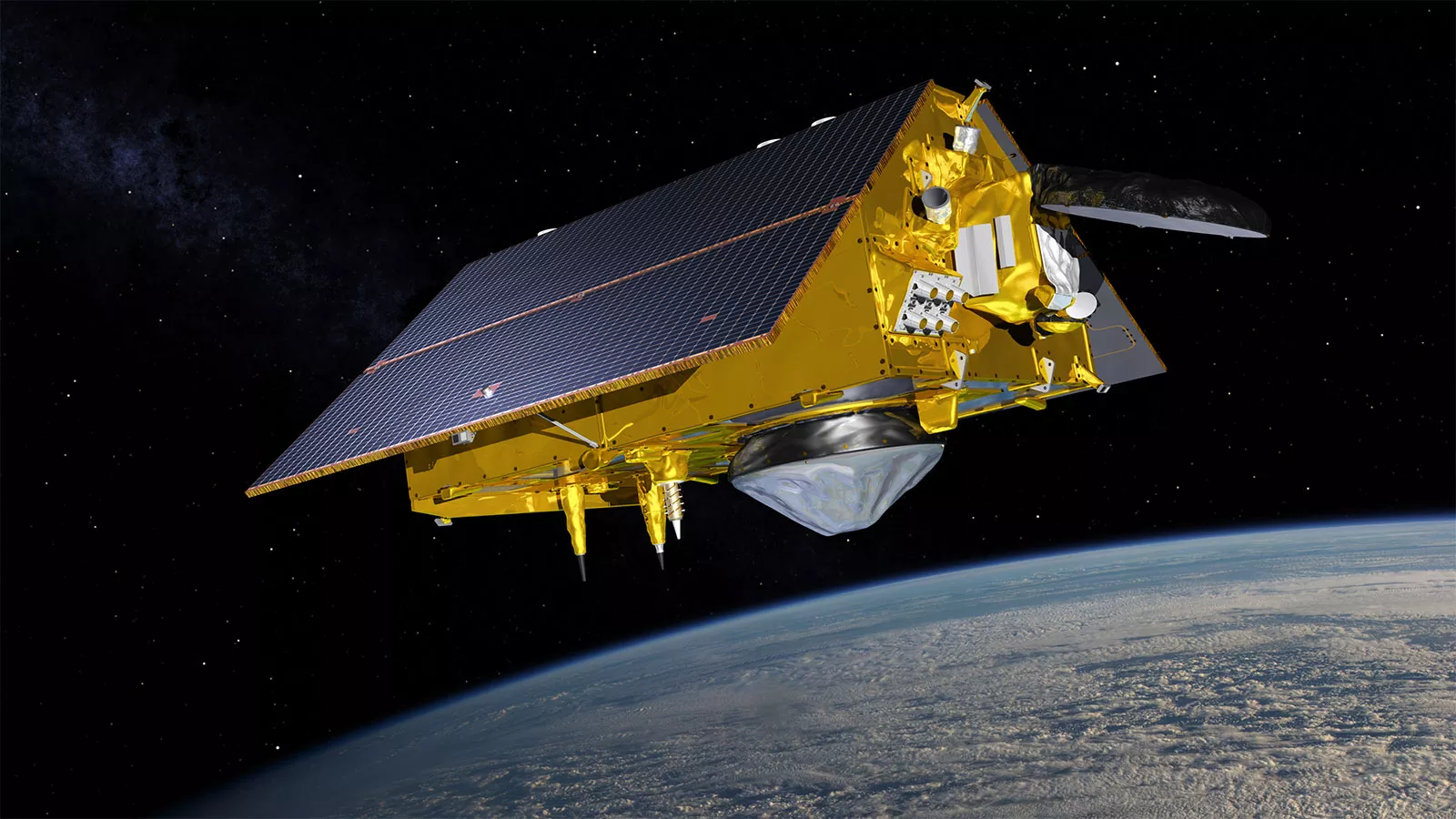 Artist's rendering of the Sentinel-6 Michael Freilich satellite, above the globe.