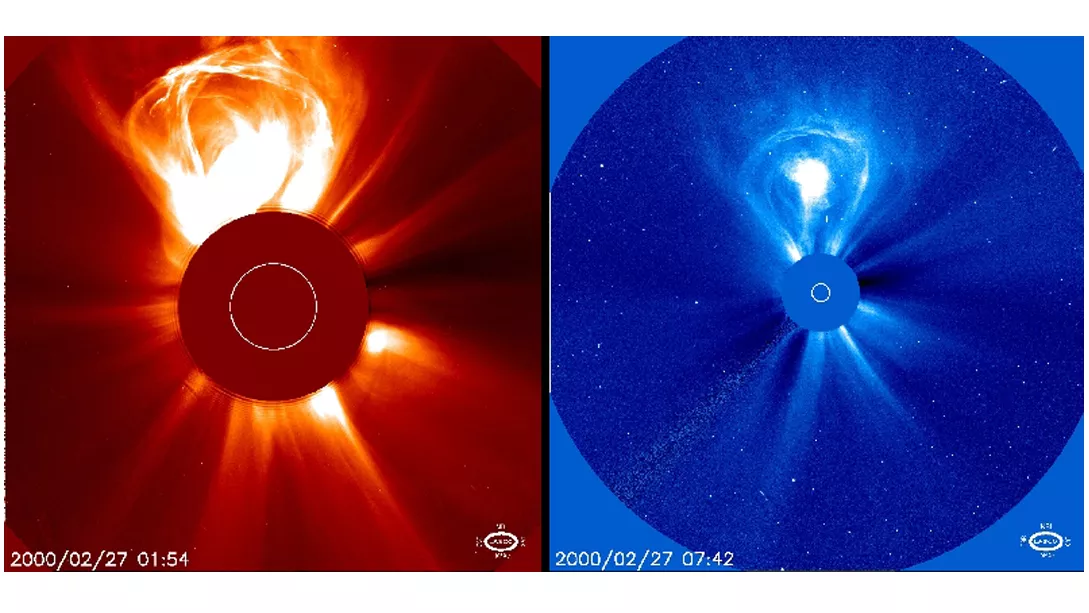SWFO imagery from 2000, showing solar activity in two different channels.