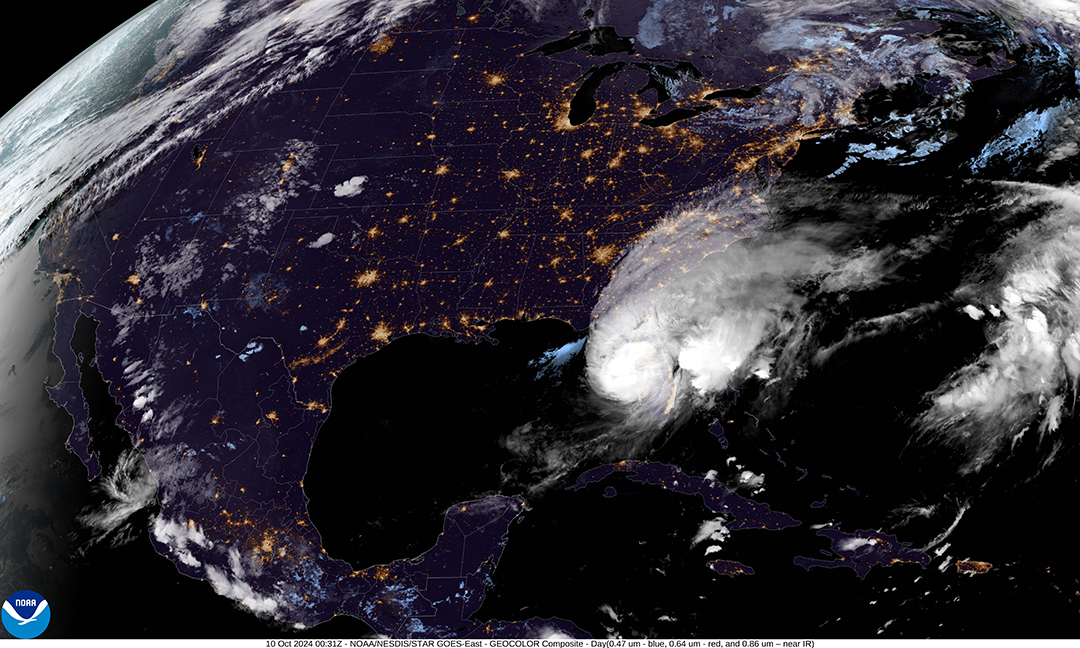 Furacão Milton atingindo a Flórida, 9 de outubro de 2024. Foto: NOAA